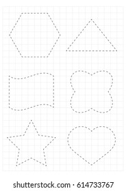 A4 worksheet for preschool kids. Practicing motor skills, improving skills tasks. Tracing dashed lines, vector.