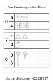 A4 worksheet for preschool kids.Tasks for addition (counting) for preschool kids, children - vector. Draw the missing number of items.