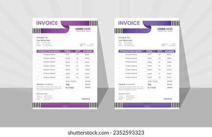 A4 tamaño, simple y mínima facturación para facturas corporativas con dos combinaciones de colores, factura profesional y plantilla de diseño de membrete