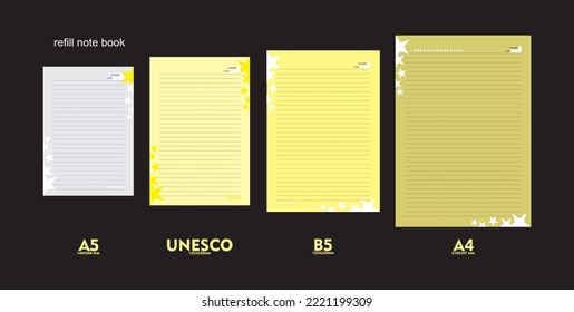  A5, A4, B5 and unesco size notebook refill design. vector four types in one set