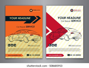 A5, A4 Set Car Repair Service Business Card Templates. Auto Repair Shop Business Catalogue Cover Layout Design. Vector Illustration.