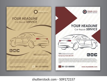 A5, A4 set car repair service business layout templates, automobile magazine cover.  Auto repair shop business catalogue cover layout and poster template design. Vector illustration.