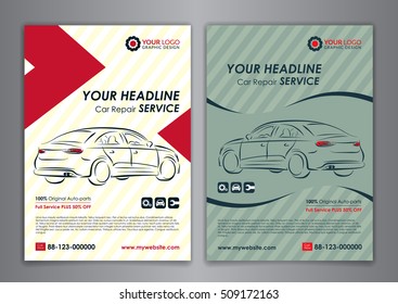 A5, A4 Set Car Repair Service Business Layout Templates, Automobile Magazine Cover.  Auto Repair Shop Business Catalogue Cover Layout And Poster Template Design. Vector Illustration.