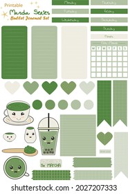 Juego de emoticones de A5 Bullet Journal en serie de color matcha. Puede utilizarse para planner, imprimible, descarga digital
