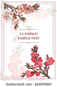 A5 card with a pink sakura for a wedding decoration. Flower invitation for a wedding or save the date card