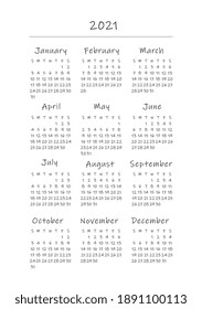 A5 format. Doodle style. Organizer and bullet journal printable page. Perfect minimalist calendar. 2021 year. Week starts at Sunday. European English Gregorian calendar. Planner sticker. Vector.	