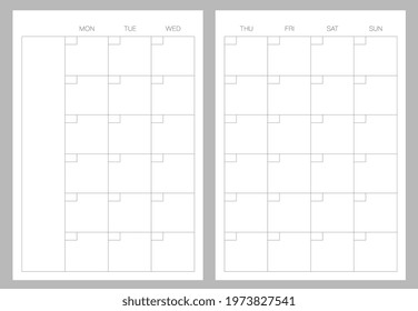 A5 format. Endless Organizer and bullet journal printable pages. Perfect minimalist monthly planner. For every month. Events personal calendar. Notes. Week starts at Monday. Stationery. Vector