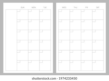 A5 format. Endless Organizer and bullet journal printable pages. Perfect minimalist monthly planner. For every month. Events personal calendar. Notes. Week starts at Sunday. Stationery. Vector
