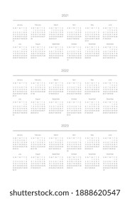 A5 format. Organizer and bullet journal printable page. Perfect minimalist calendar. 2021, 2022, 2023. Week starts at Sunday. European English Gregorian calendar. Planner sticker. Stationery. Vector.	