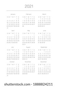 A5 format. Organizer and bullet journal printable page. Perfect minimalist calendar. 2021 year. Week starts at Sunday. European English Gregorian calendar. Planner sticker. Stationery. Vector.	