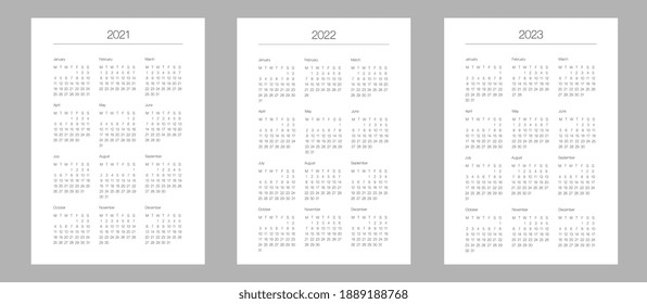 A5 format. Organizer and bullet journal printable pages. Perfect minimalist calendar. 2021, 2022, 2023. Week starts at Monday. European English Gregorian calendar. Planner sticker. Stationery. Vector.