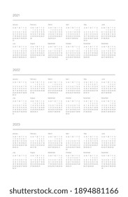 A5 format. Organizer and bullet journal printable page. Perfect minimalist calendar. 2021, 2022, 2023. Week starts at Sunday. European English Gregorian calendar. Planner sticker. Stationery. Vector.	