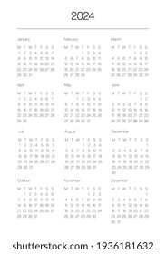 A5 format. Organizer and bullet journal printable page. Perfect minimalist calendar. 2024 year. Week starts at Monday. European English Gregorian calendar. Planner sticker. Stationery. Vector.	