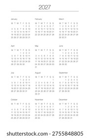 A5 format. Organizer and bullet journal printable page. Perfect minimalist calendar. 2027 year. Week starts at Monday. European English Gregorian calendar. Planner sticker. Stationery. Vector.	
