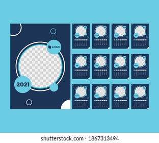 A5 portrait 2021 year calendar template. Calendar with a blue and light blue color theme. Suitable for use for companies or for personal purposes.