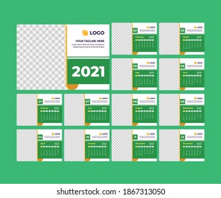 A5 portrait calendar template. Calendar for the year 2021 with an Islamic theme. The colors used are green and gold. Suitable for company needs or personal use.