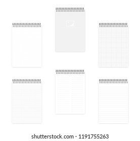 A5 top spiral notebook set, realistic vector mockup. Wire bound notepad with various ruled paper, mock up. Loose leaf note book, template