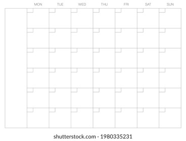 A6, A5, A4, A3, A2, A1 size. Organizer and bullet journal printable page. Perfect minimalist monthly planner. For every month. Events personal calendar. Week starts at Monday. Stationery. Vector. 