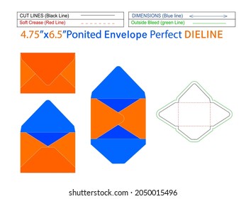 A6 Pointed Flap envelope or baronial  envelope 4.75x6.5 inch dieline template and 3D envelope editable easily resizable