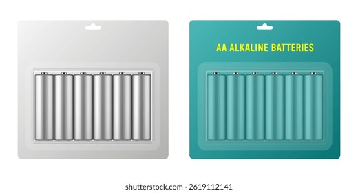 AA alkaline batteries in a package with transparent window and hanging hole. Realistic mockup