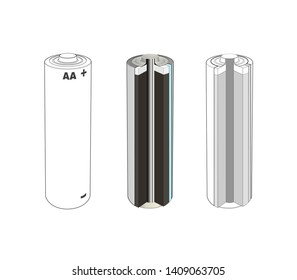 AA Alkaline Or Lithium Single Cell Battery Scheme. Battery Cut Diagram. Isolated Vector Illustration.