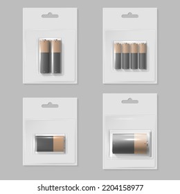 AA batteries in plastic pack set realistic vector illustration. Alkaline accumulator in blister package chemical electricity charge. Recycling electronic power voltage energy component different size