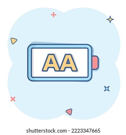 AA battery icon in comic style. Power level cartoon vector illustration on white isolated background. Lithium accumulator splash effect business concept.