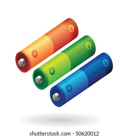AA battery in various colors. Vector illustration.