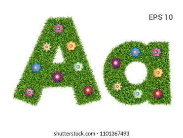 Aa - capital and capital letters of the alphabet with a texture of grass. Moorish lawn with flowers. Isolated on white background. Vector illustration