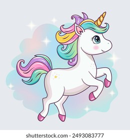 Un lindo unicornio. Un pony dibujado a mano con un cuerno de oro. El caballo mágico. Ilustración vectorial. Se puede utilizar para la impresión, los textiles, el Diseño web.