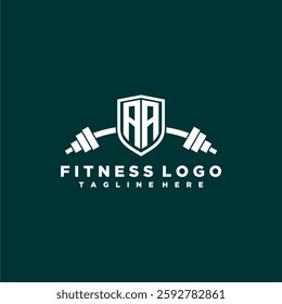 AA initial monogram for fitnes or gym logo with creative shield and barbell design