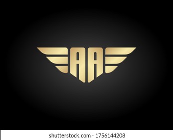 AA Letter Logo Shield with wings vector gold color on black background