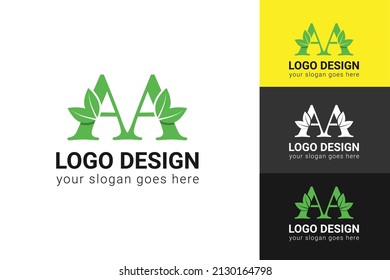 AA letters eco logo with leaf. Vector typeface for nature posters, eco friendly emblem, vegan identity, herbal and botanical cards etc. Ecology AA letters logo with green leaf.