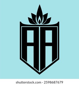 AA Logo featuring a minimalist design with a crown-like flower symbol on top, bold black elements, and a soft blue background, perfect for branding and modern visual identity.