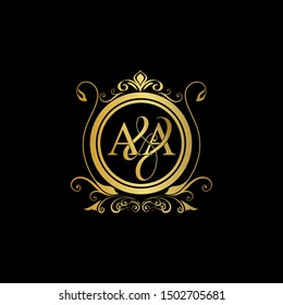 A & A AA logo initial Luxury ornament emblem. Initial luxury art vector mark logo, gold color on black background.