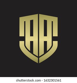 AA Logo monogram with emblem shield shape design isolated gold colors on black background