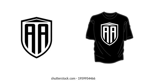 AA logo monogram with emblem shield style design template, perfect for t-shirt, hoodie, etc