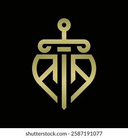 AA Logo monogram with sword and shield combination isolated with gold colors