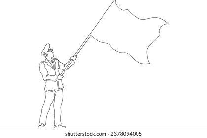 AA military man with a flag in his hands. Officer in military uniform. War banner. A man holds a flag. One continuous line drawing.Linear. Hand drawn,white background.