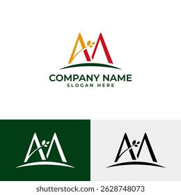 AA monogram logo with red and orange letters, a leaf branch, and a green hill base. Represents agriculture, organic products, or eco-friendly farming brands. Includes color and monochrome versions.