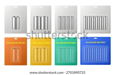 AA, PP3 and C alkaline batteries in a package with transparent window and hanging hole. Realistic mockup	
