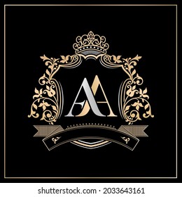 AA royal emblem with crown, Gold colors black labels, initial letter and graphic name Frames Border of floral designs, AA Monogram, for insignia, initial letter frames border, wedding couple name