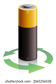 AA size electric battery surrounded by the green recycling symbol with arrows