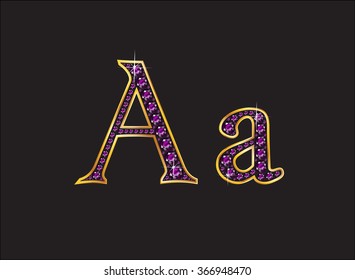 Aa in stunning amethyst precious round jewels set into a 2-level gold gradient channel setting, isolated on black. Vector EPS-10 file, transparency used. 