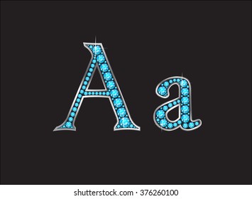Aa in stunning Aquamarine precious round jewels set into a 2-level gold gradient channel setting, isolated on black. Vector EPS-10 file, transparency used. 