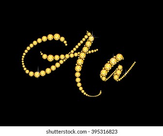 Aa in stunning Citrine Script precious round jewels, isolated on black. Vector EPS-10 file, transparency used. 