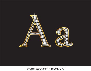 Aa en impresionantes joyas redondas de diamante, colocadas en un canal de gradiente dorado de 2 niveles, aislado en negro. Archivo EPS-10 vector, transparencia utilizada. 