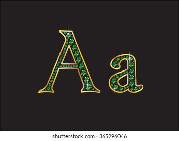 Aa in stunning emerald precious round jewels set into a 2-level gold gradient channel setting, isolated on black. Vector EPS-10 file, transparency used. 