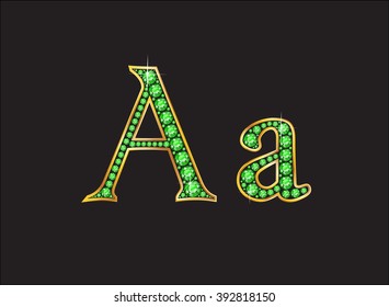 Aa in stunning peridot precious round jewels set into a 2-level gold gradient channel setting, isolated on black. Vector EPS-10 file, transparency used. 