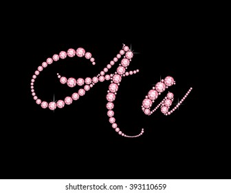 Aa in stunning Rose Quartz Script precious round jewels, isolated on black. Vector EPS-10 file, transparency used. 